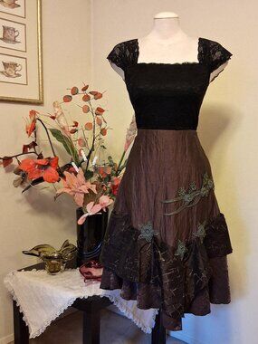 NWT Simon Chang Brown Ruffle Tiered A-Line Flared Swing Midi Lined Summer Skirt